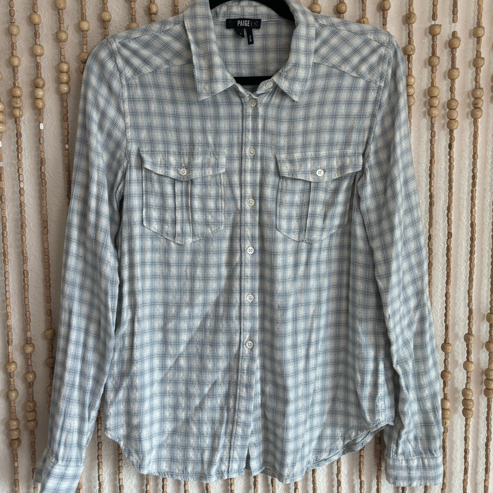 Paige Baby Blue Plaid Western Cottage Core Long Sleeve Pearl Button Down Blouse